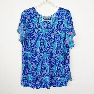 Rainbow Jo Hawaii Womens 3XL Turtle Fish Print Bias Cut Short Sleeve Top Blouse